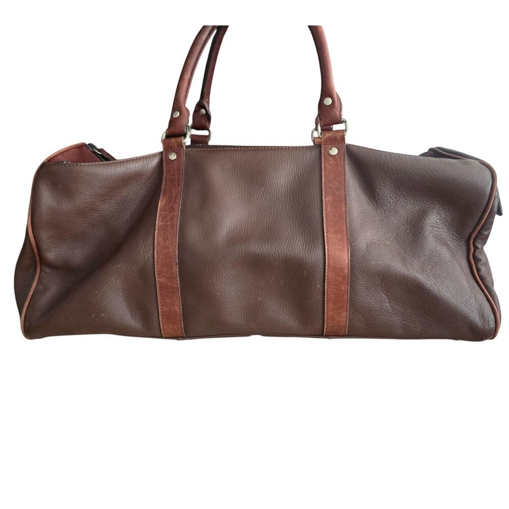 M London Mens Tote Duffel Bag Brown Leather Travel Gym Weekender Carry On Preppy